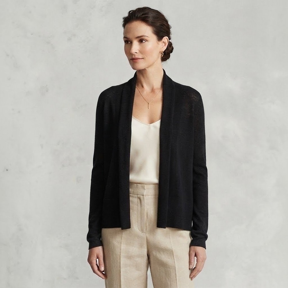 Banana Republic Linen Blend Cardigan Medium Black Open Front Natural Luxury Chic